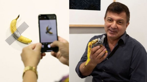 Banana taped to wall which sold for $120k eaten in front of crowd
Banana taped to wall which sold for $120k eaten in front of crowd